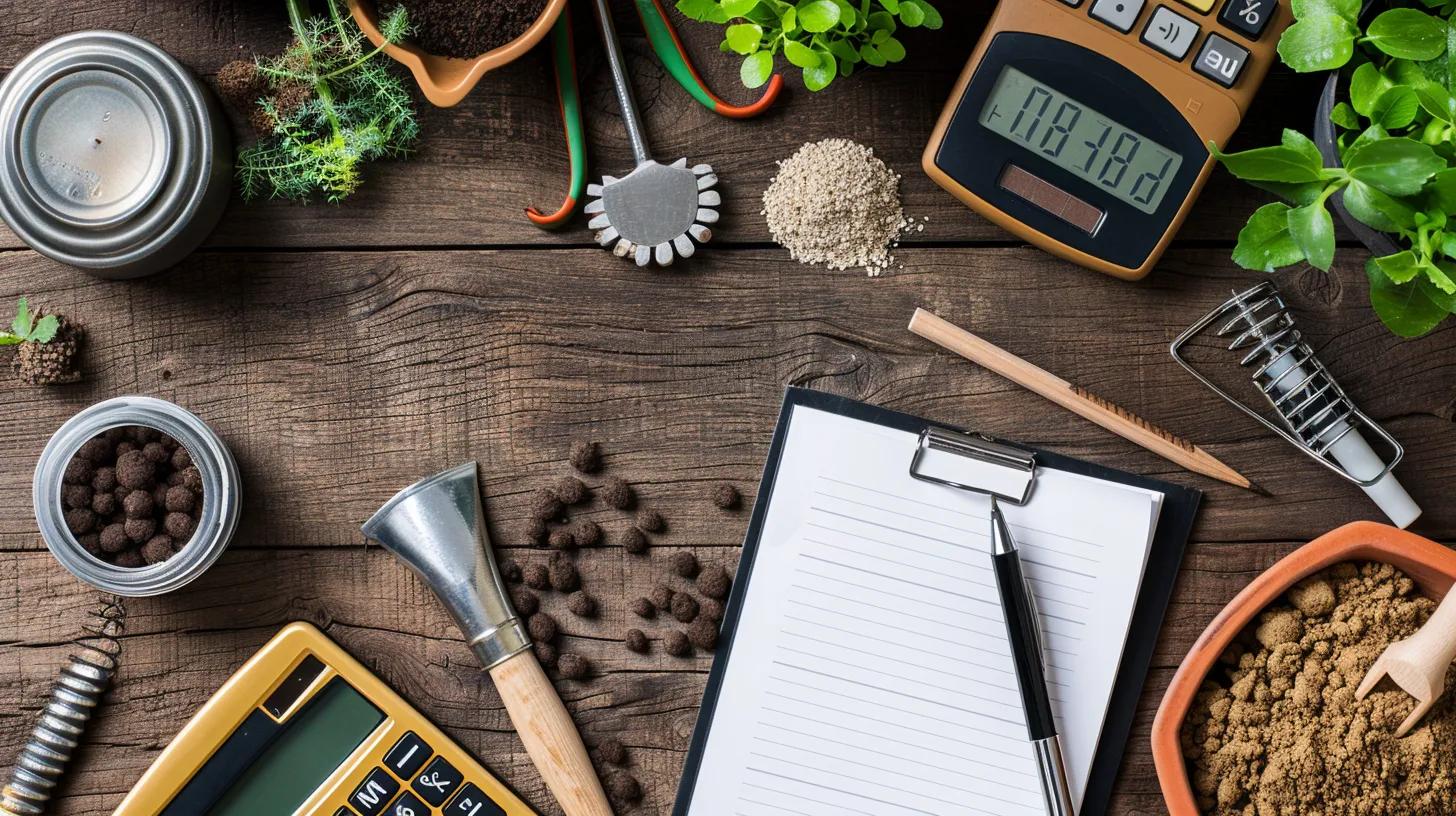 Landscaping materials and a budgeting plan on a table