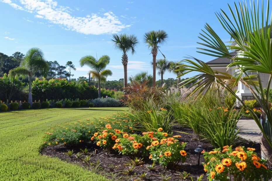 Vibrant Gulf Coast landscaping featuring lush green grass, colorful orange flowers, and palm trees under a clear blue sky, illustrating expert soil preparation and grading techniques.