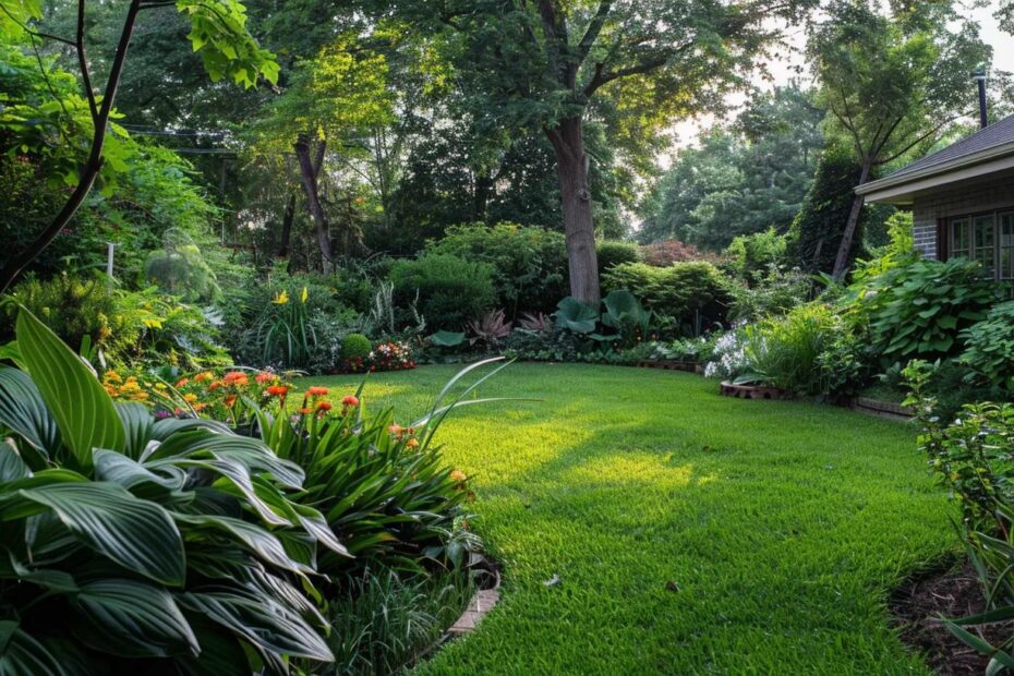 Lush green lawn surrounded by vibrant flower beds and diverse foliage, showcasing a well-maintained residential garden in Gulf Coast landscaping style.