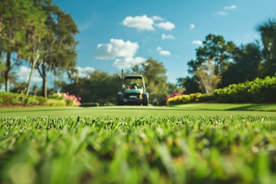 Lawn care equipment on green grass with vibrant landscaping and blue sky, illustrating professional mowing services for Gulf Coast properties.