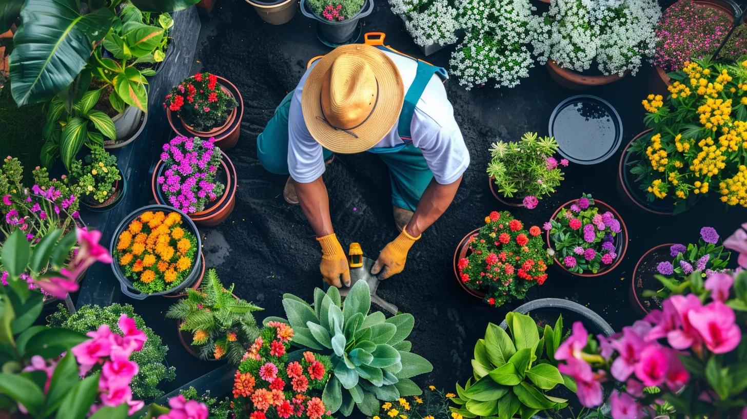 Professional landscaper planting flowers in a beautifully designed garden