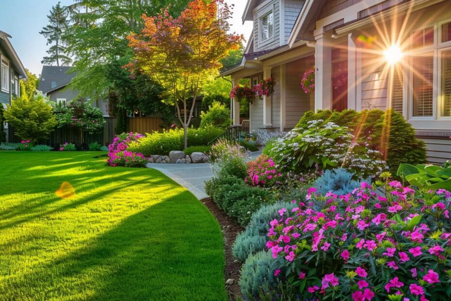 Lush residential landscaping featuring vibrant flowers and manicured lawn, highlighting professional lawn care and gardening techniques relevant to Gulf Coast homes.