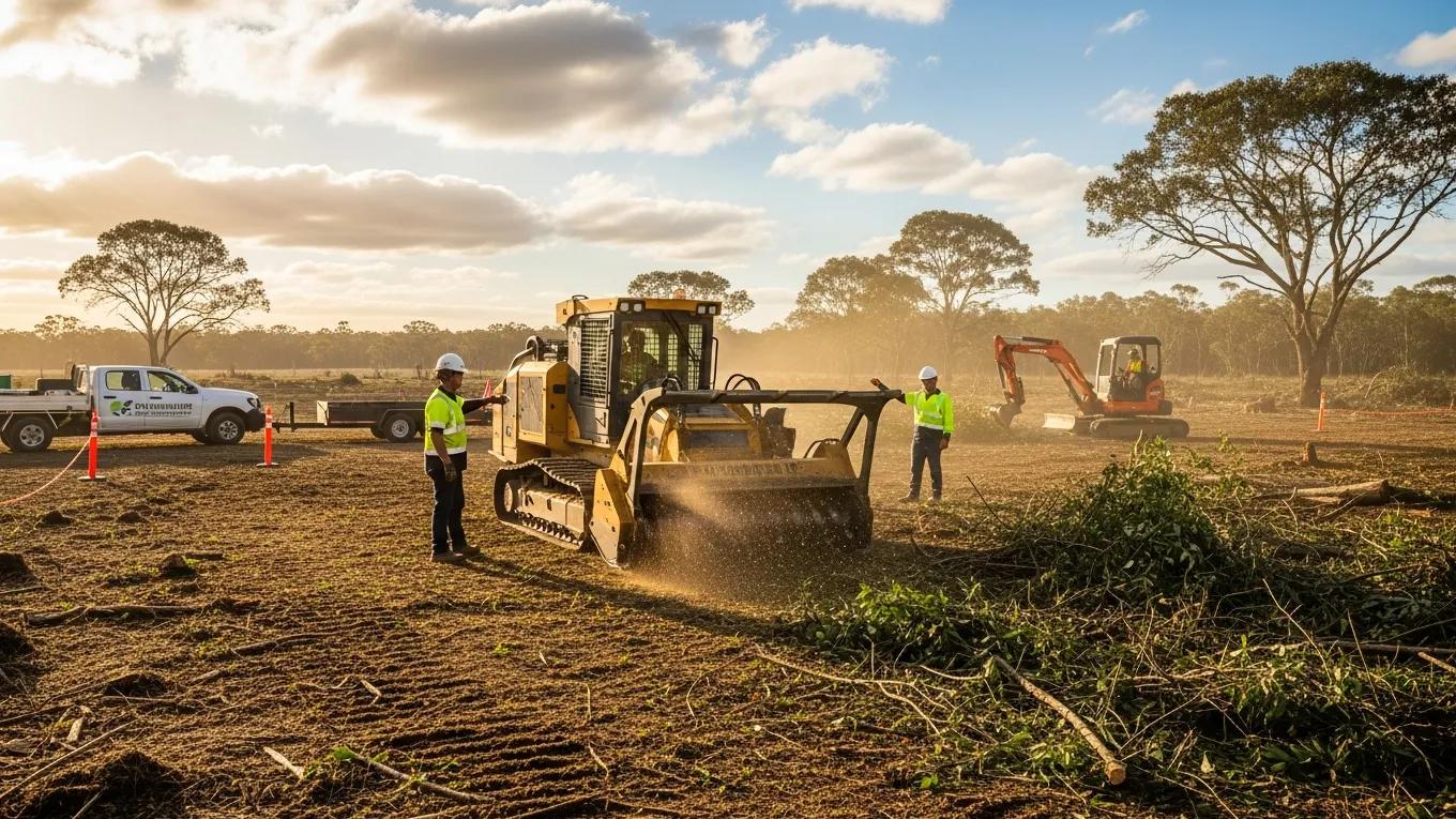 Commercial land clearing with forestry mulching equipment showing professional, efficient site work