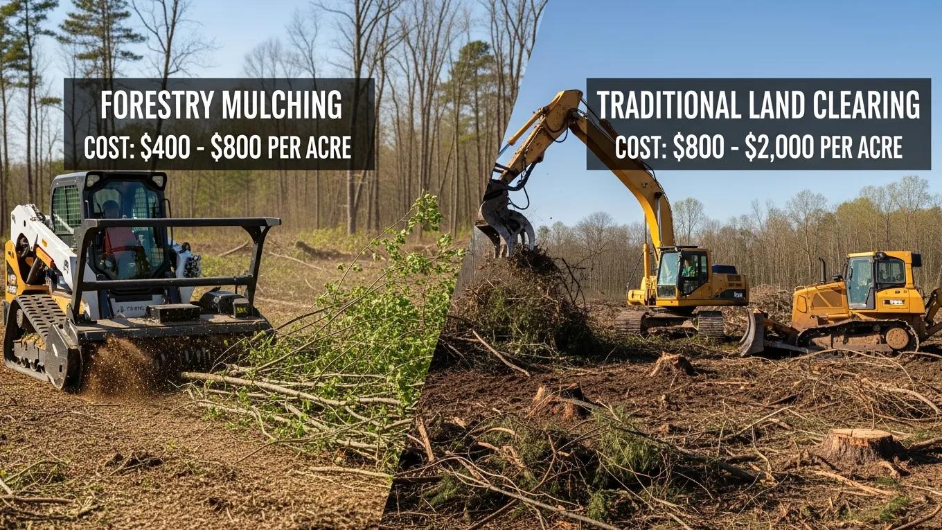 Side-by-side comparison of a mulching head and an excavator — forestry mulching versus traditional clearing