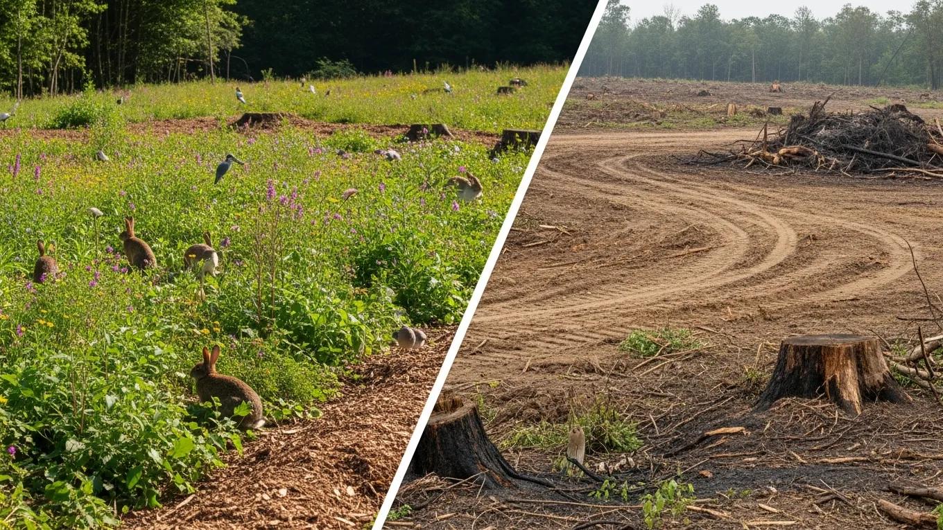 Environmental comparison: forestry mulching versus traditional clearing, showing effects on ecosystem health