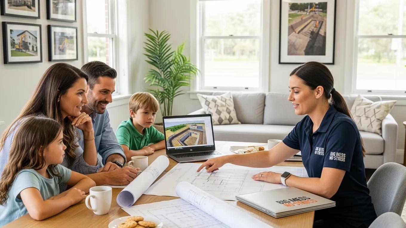 Family discussing excavation services with a friendly team member in a welcoming office setting