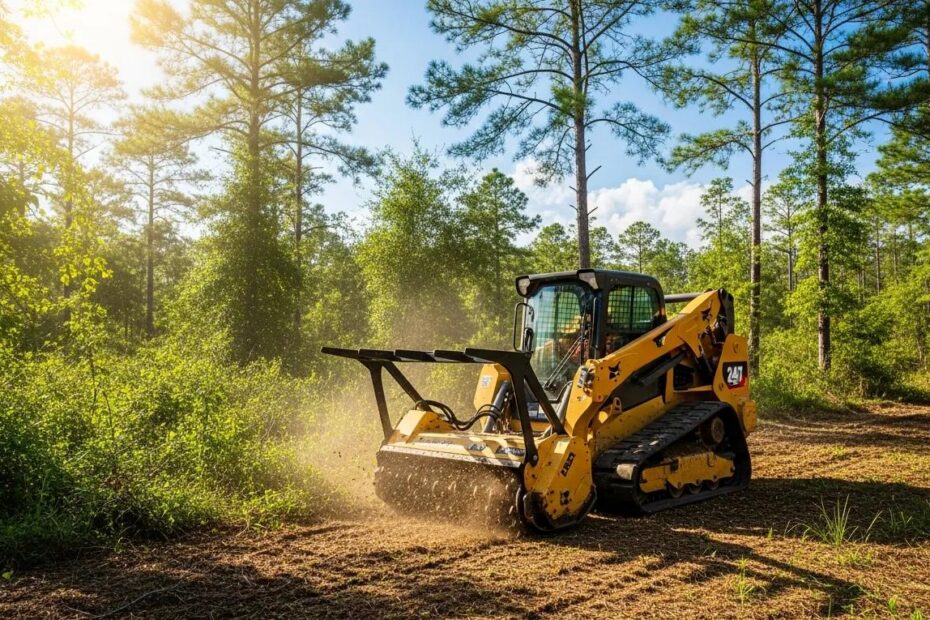 Forestry mulching machine clearing land in Pensacola, showcasing eco-friendly land management practices with sunlight filtering through trees.