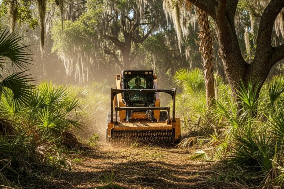 Forestry mulching machine clearing land in Gulf Coast landscape, showcasing eco-friendly land management practices amidst lush vegetation.