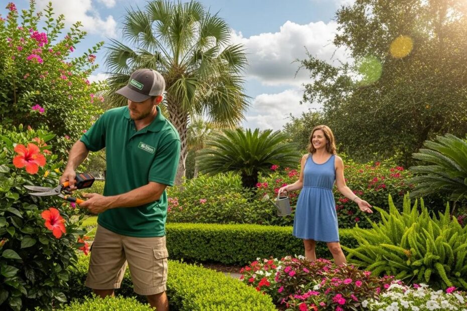 Professional bush trimming service in a beautiful Pensacola garden