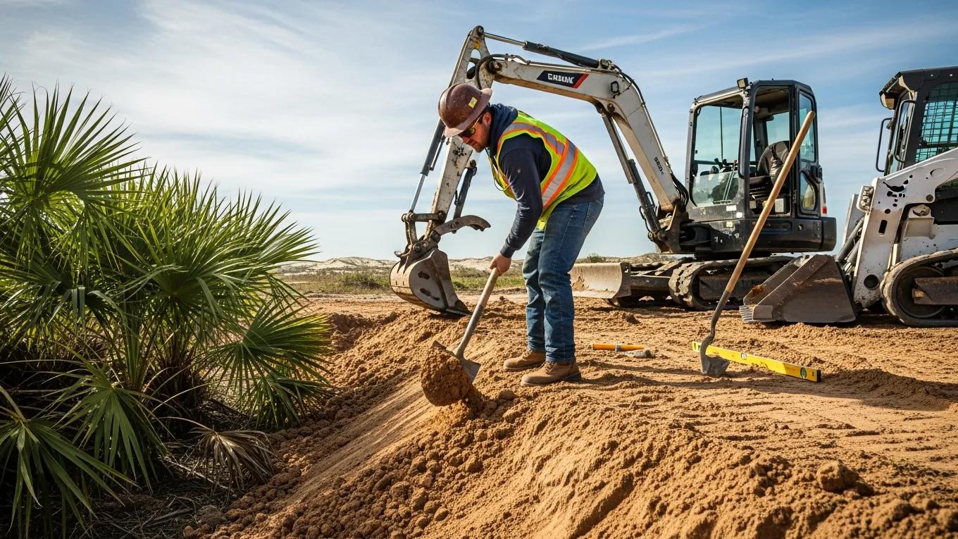 Skilled worker performing precision dirt work for effective drainage solutions on a construction site