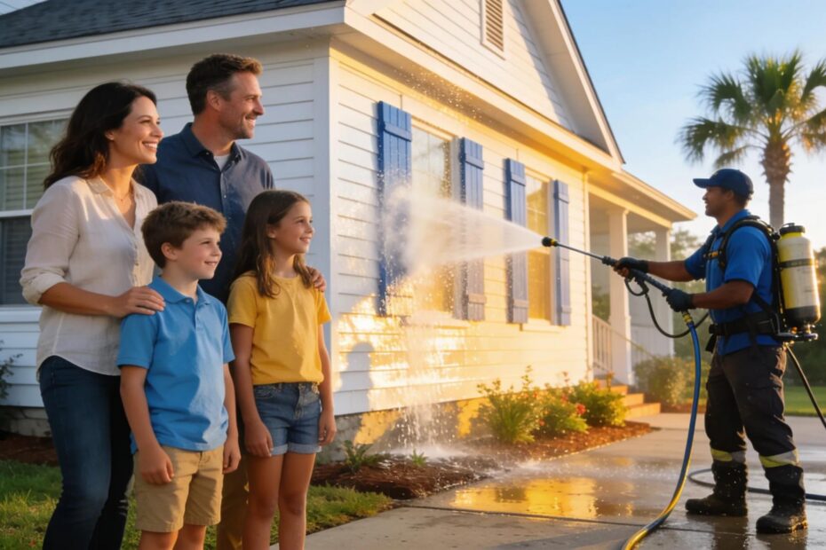 Family enjoying safe soft wash cleaning service on their home in Pensacola, FL