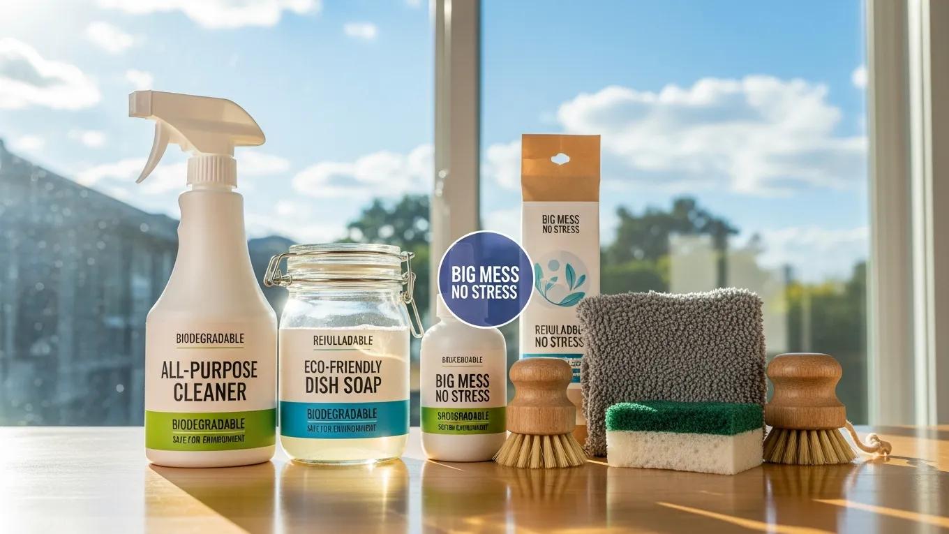Eco-friendly cleaning products used by Big Mess No Stress for residential window cleaning, emphasizing sustainability and safety