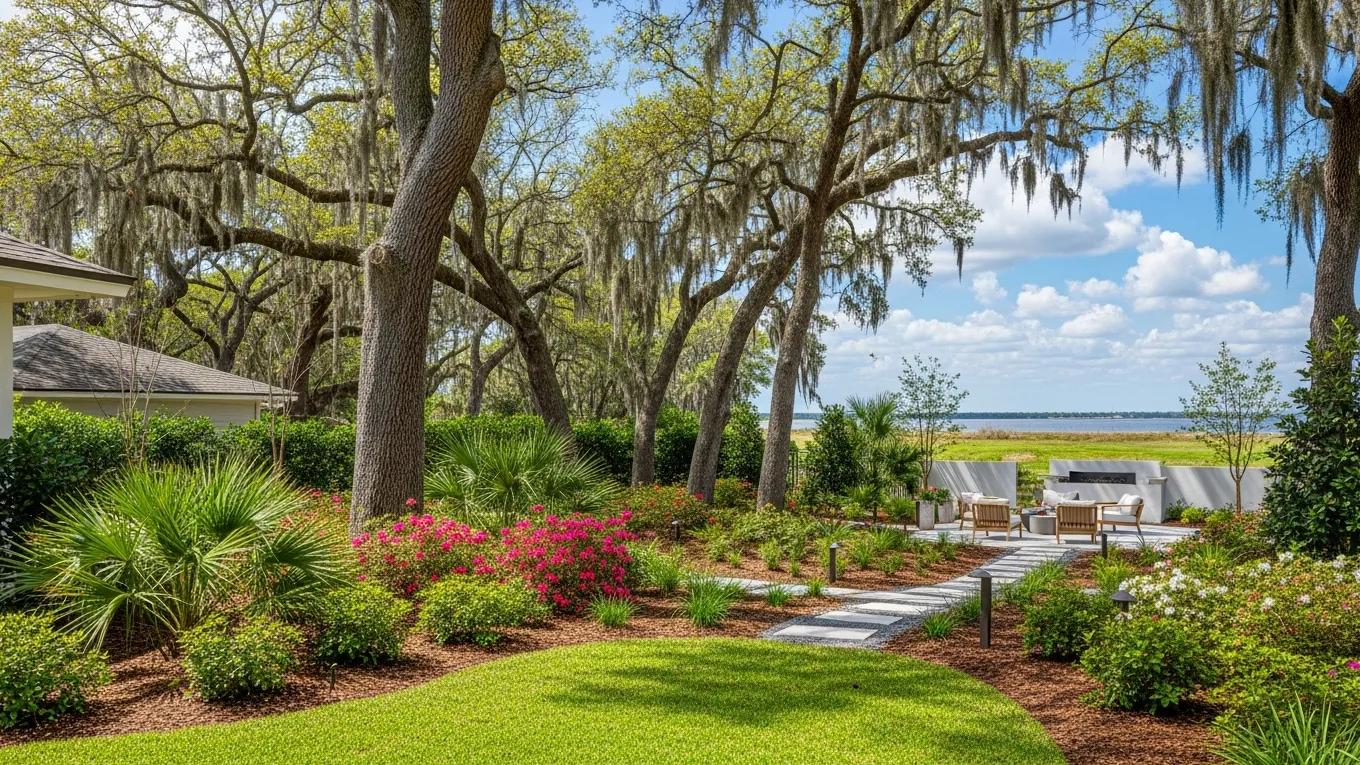 Well-maintained Pensacola Gulf Coast property with lush landscaping and outdoor seating area.
