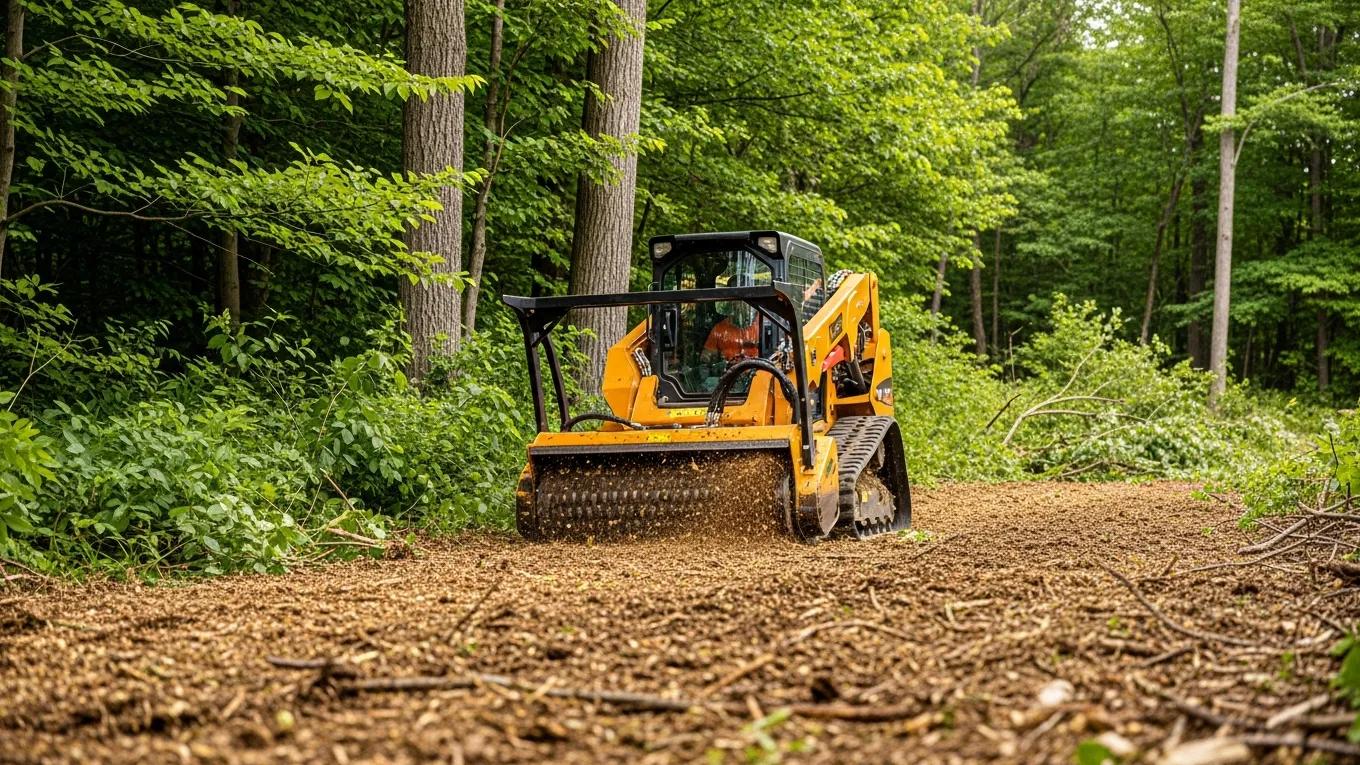 Forestry mulching machine grinding vegetation into mulch, showcasing sustainable land clearing practices