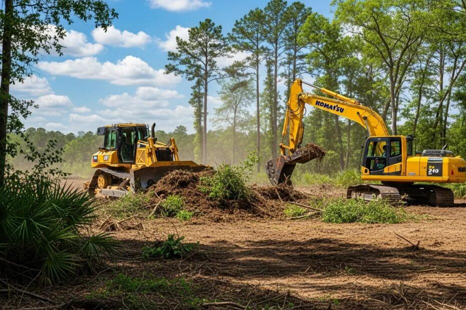 Land clearing machinery in action: bulldozers and excavators transforming a site in Pensacola.