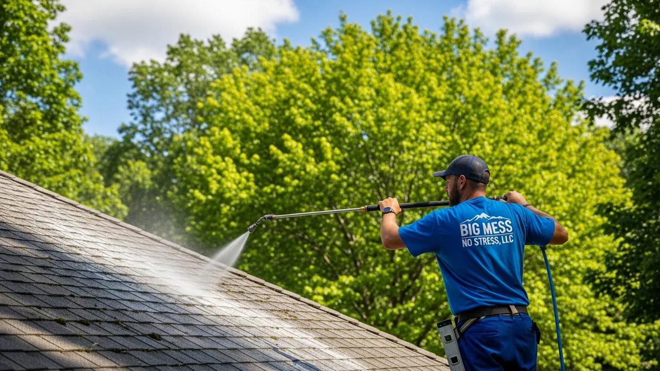 Professional cleaner using eco-friendly soft wash technique on a roof in Pensacola