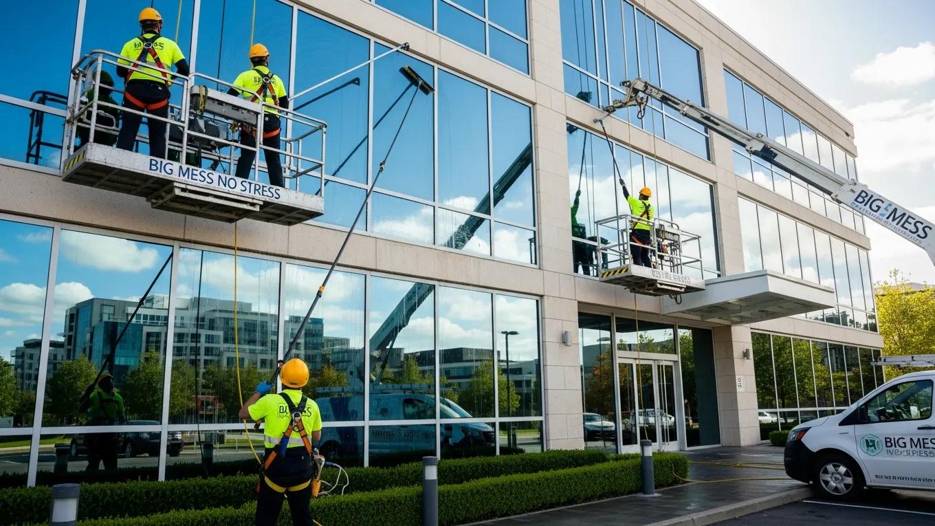 Professional team from Big Mess No Stress cleaning commercial glass windows, showcasing safety and the benefits of professional window cleaning for businesses