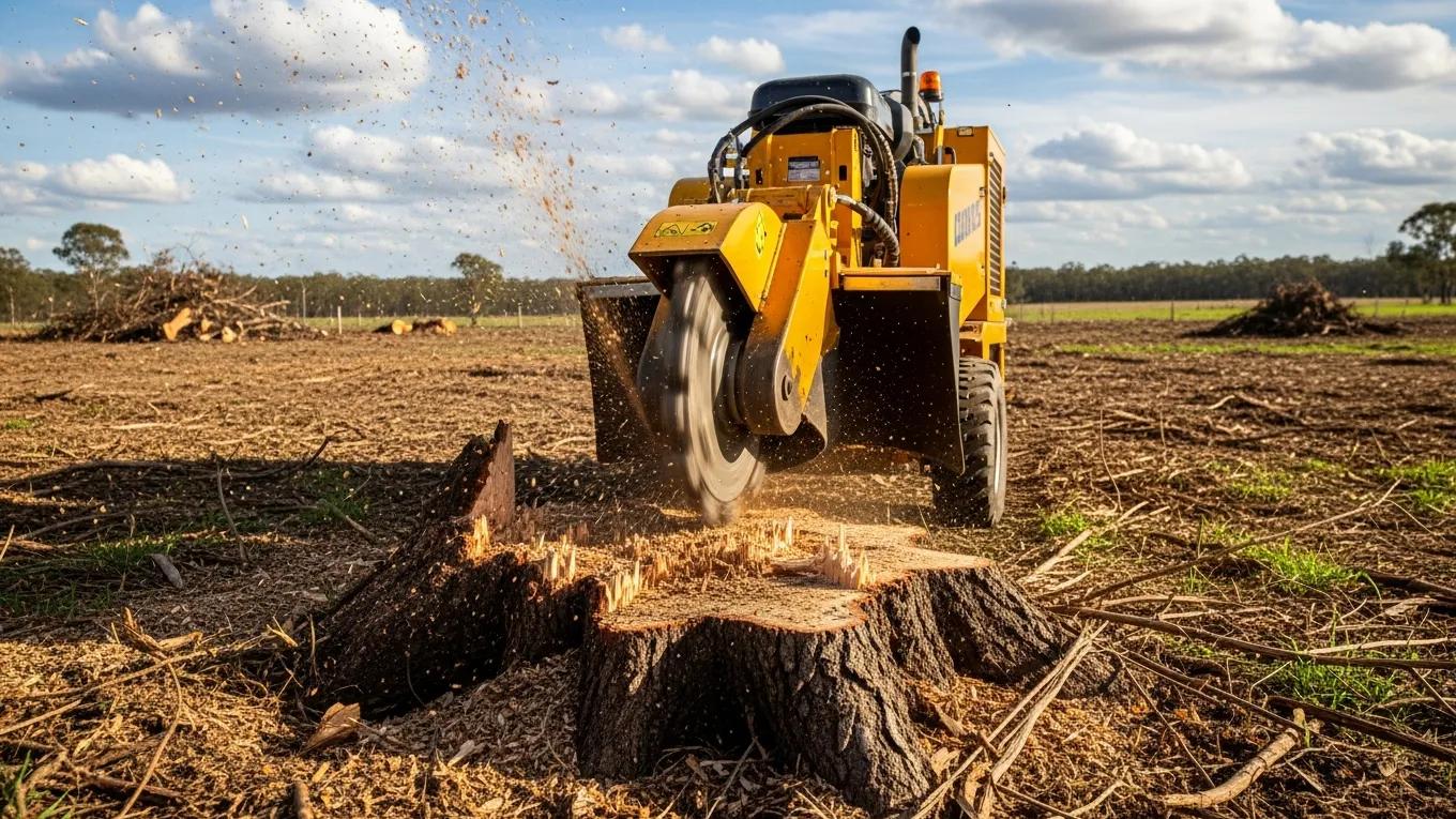 Stump grinder in action, efficiently grinding down a tree stump in a cleared lot