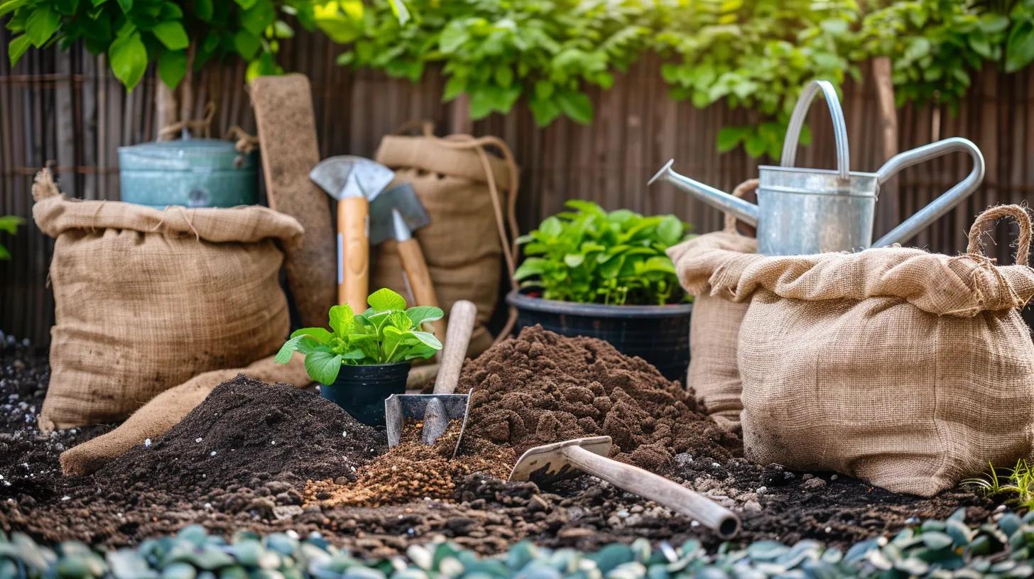Landscaping materials including soil, plants, and tools illustrating cost components